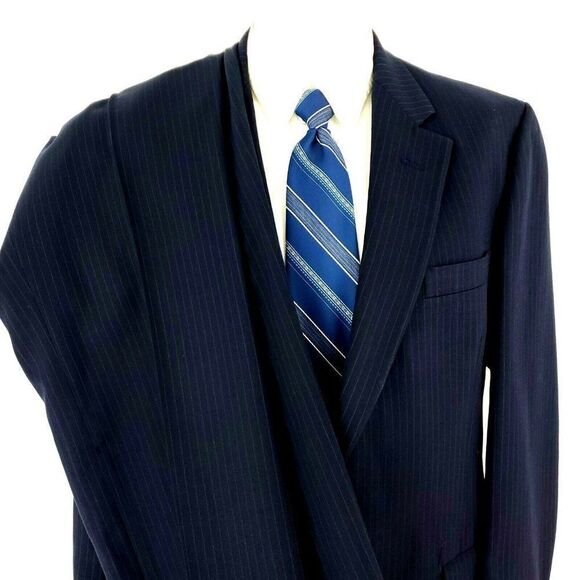 Hart Schaffner Marx Wool 2 Button 2 Piece Suit 42L Blue Striped 34/27 Flat Front - Picture 1 of 11